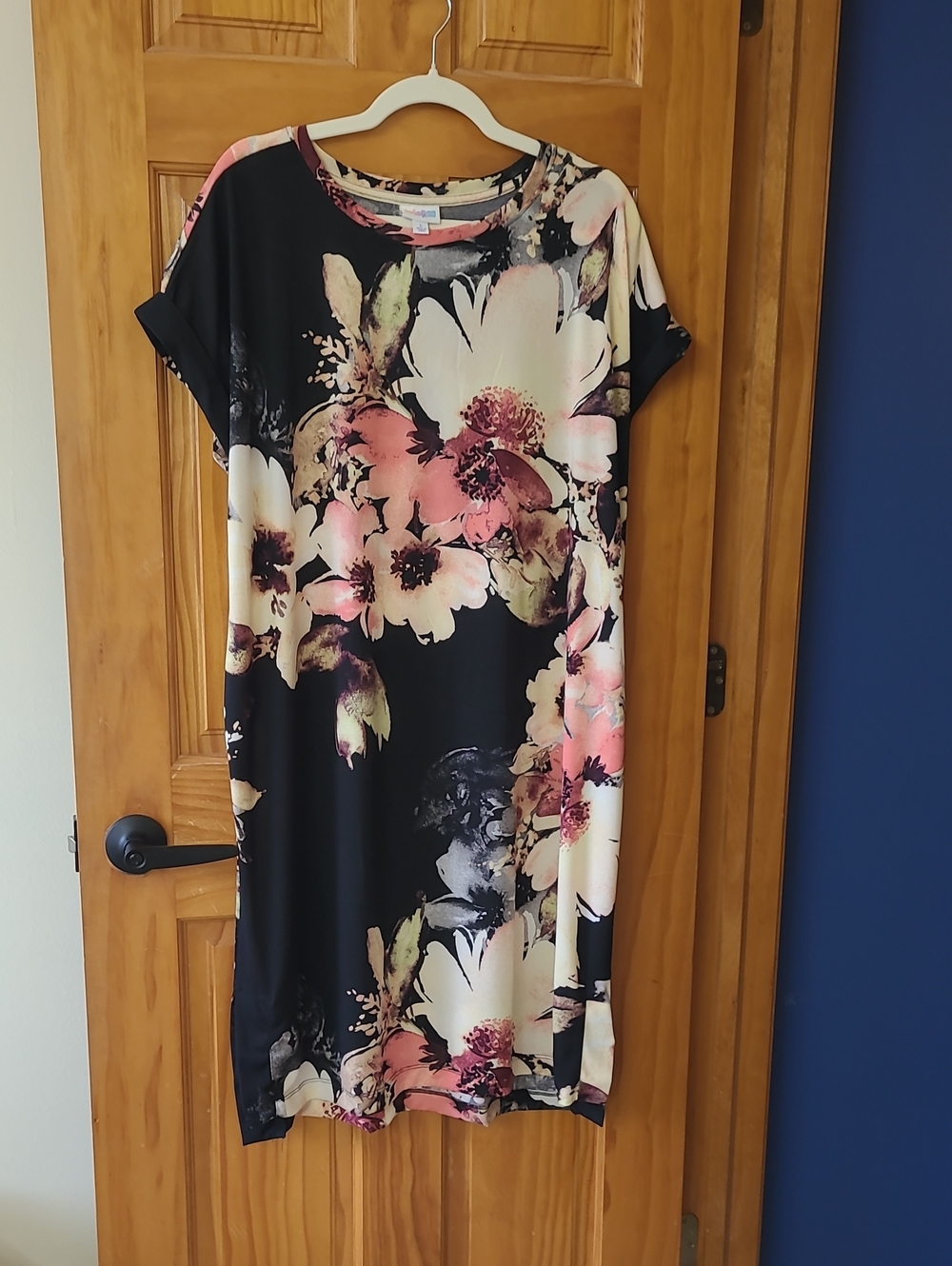 LuLaRoe Black Floral Midi Dress with Pink & Cream Blooms. L